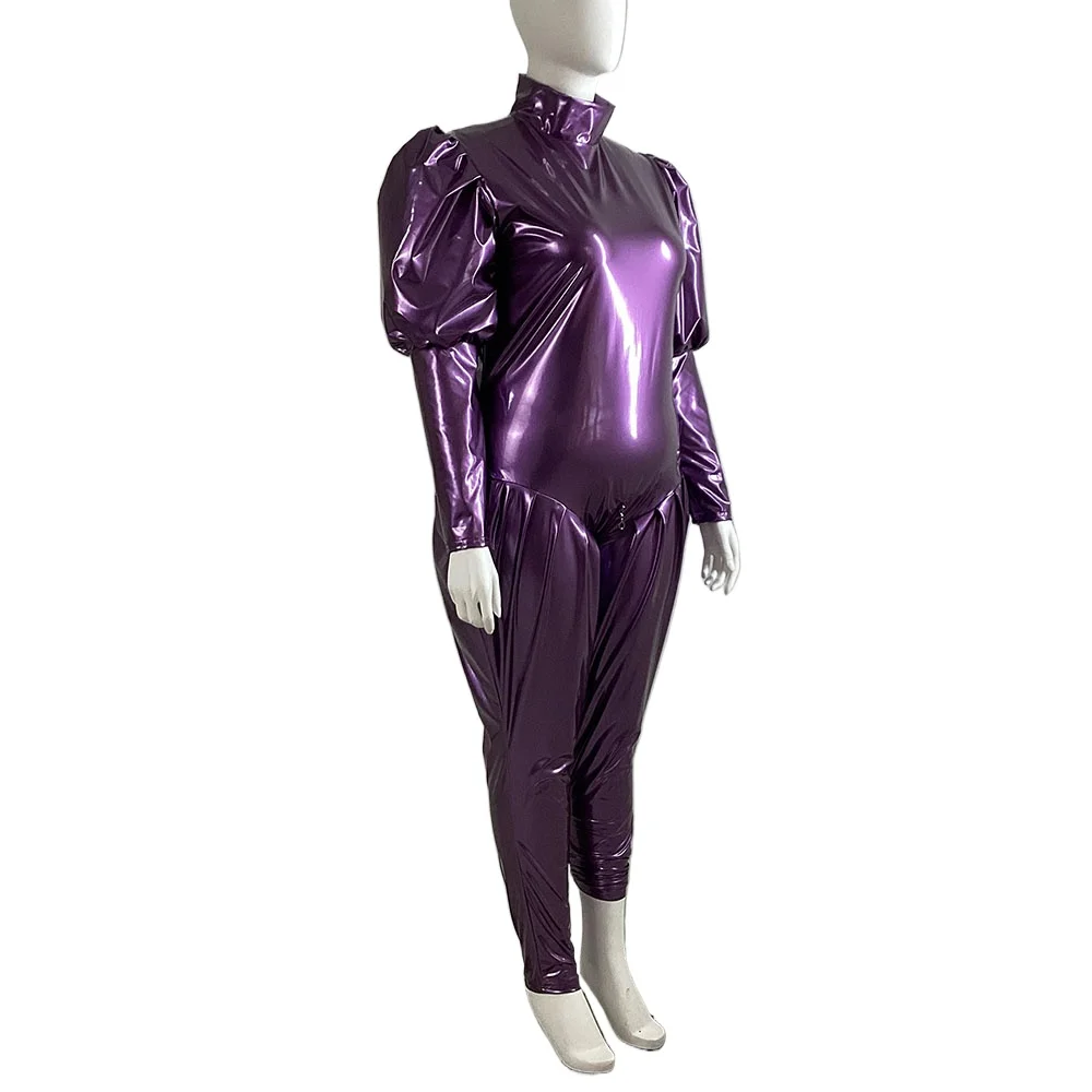 Plus Size Long Sleeves Cospaly Jumpsuit Sexy Zipper Open Crotch PVC Shiny Catsuit Raves Party High Neck Wetlook Rompers Female