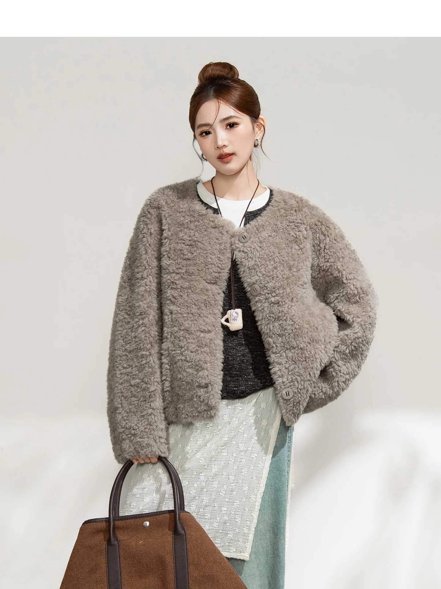 

Корейское повседневное круглое пальто Ne Lamb Fur Jaet, женское пальто из натуральной кожи, дышащее, удобное, водонепроницаемое