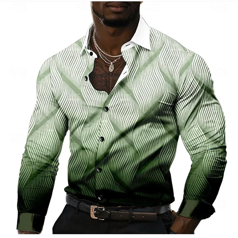 Kemeja Kasual Pria 2026 Motif Garis Formal Musim Panas Semi Gugur Kerah Lipat Lengan Panjang Hitam, Hijau Ukuran S-5XL Besar Pengiriman Cepat