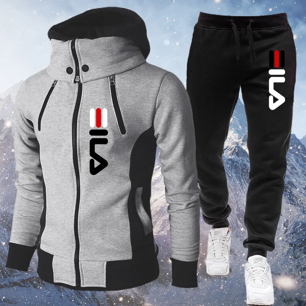 Men\'s Winter Tracksuit Hoody Hoodies+Pant High Neck 2-Pcs Set Brand Casual Coldproof Male Sports Cloth Ski Sweat Suit Streetwear