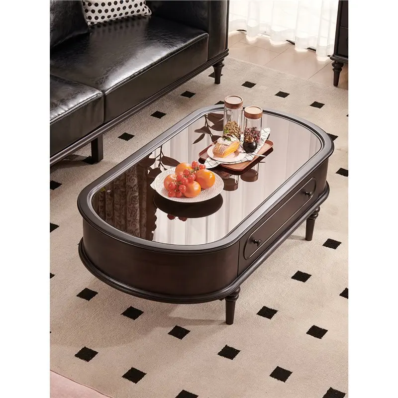 American retro glass storage coffee table high-end black furniture solid wood coffee table