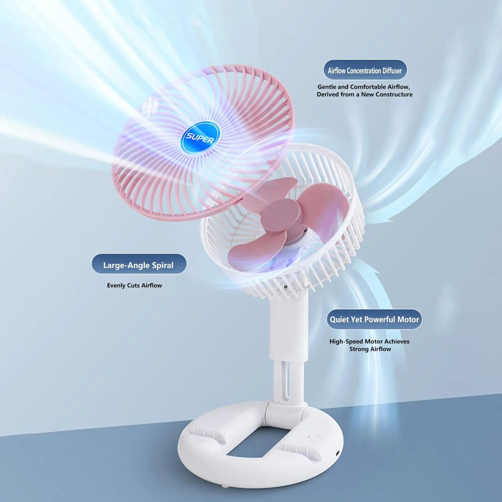 Rechargeable Desk Fan Foldable 3 Speeds USB Rechargeable Personal Desk Fan for Home Office Dorm Bedroom Bedside Table Work Study