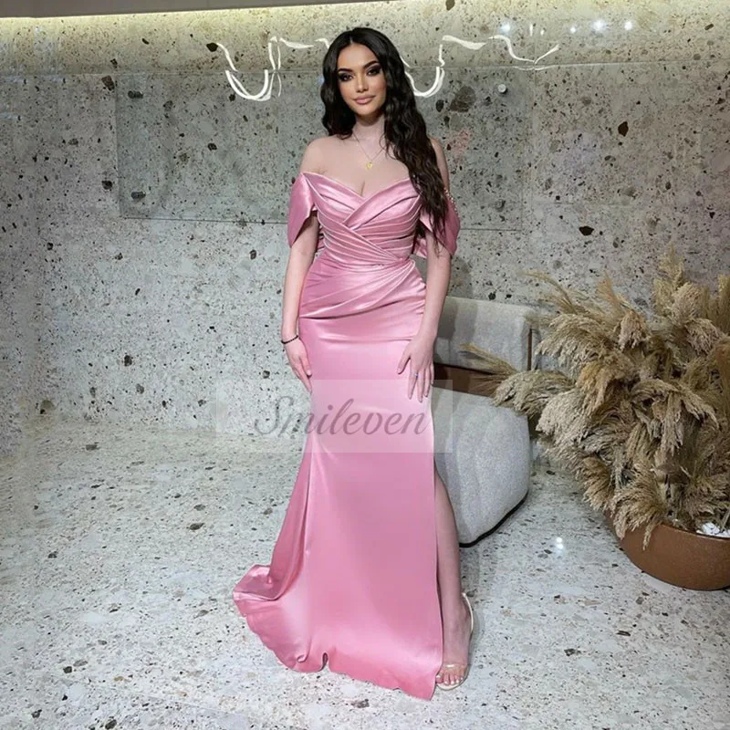 Smileven Pink Mermaid Evening Dresses Beading Pleats Prom Dress Satin Side Split New Collections Party Gowns 2024