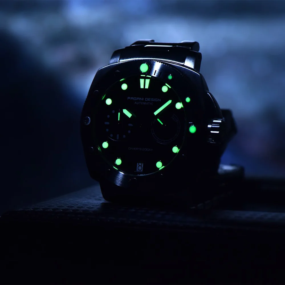 ساعة غوص ميكانيكية أوتوماتيكية من Pagani Design مصنوعة من الفولاذ المقاوم للصدأ وكريستال الياقوت AR وعرض تخزين الطاقة ساعة ميكانيكية للرجال
