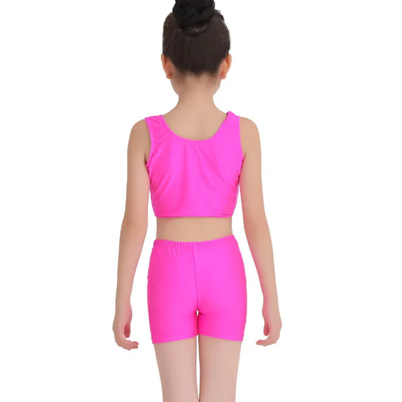 Body da balletto per bambini Abbigliamento da palestra Body da ballo in due pezzi per ragazza Gilet da ginnastica in spandex con pantaloncini coordinati