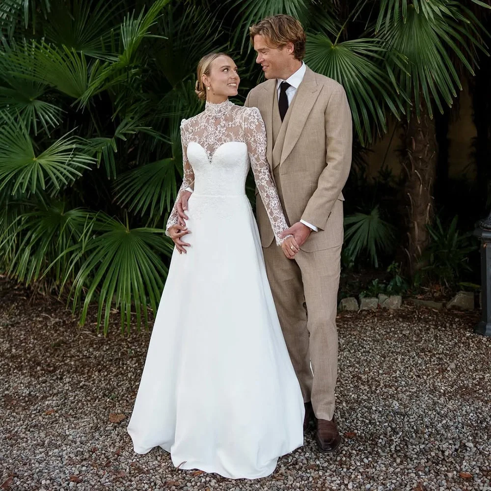 

Satin Wedding DressesFor Women Lace Long Sleeves High Neck Bridal Dress 2026 Modern Bride Gown vestidos de novia Customized