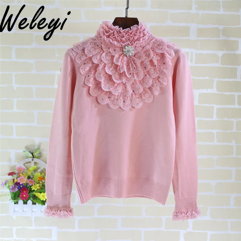 Winter Lolita Lace Turtleneck Wine Red Knitting Bottoming Shirt Autumn Sweet Long Sleeve Pullover Thickened Knitted Top Women