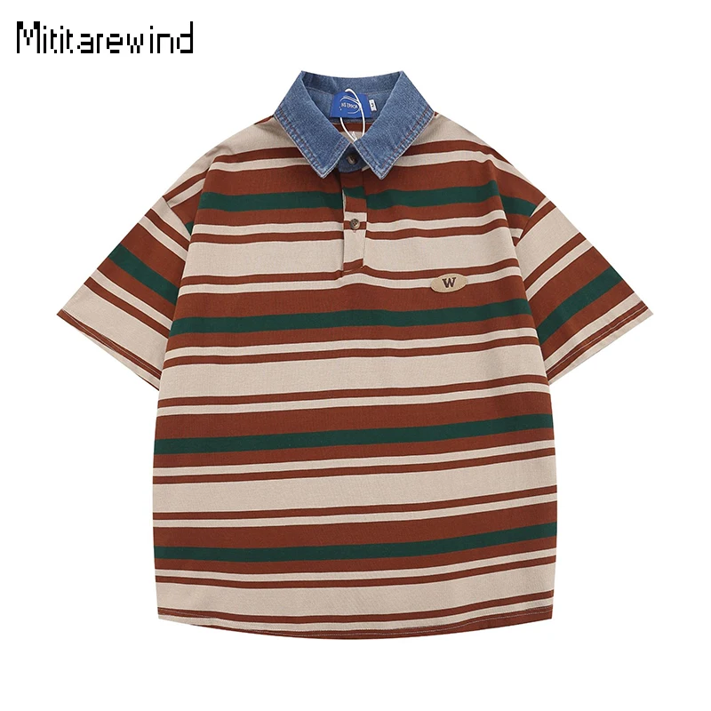 

Japan Vintage Striped T Shirt for Men and Women Summer Daily Causal Polo Shirt 100% Cotton Short Sleeve Shirt Loose Tops Unisex