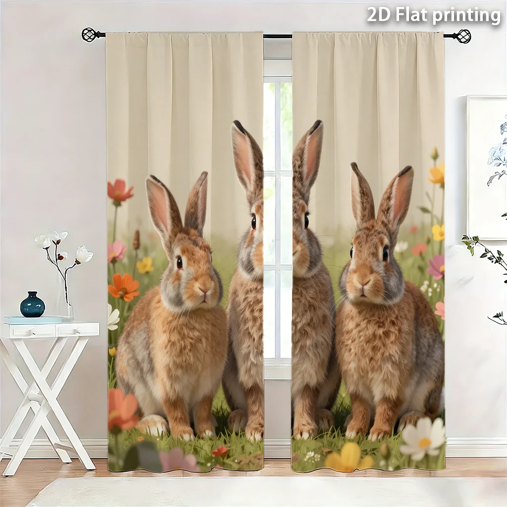 Cute Rabbit Family Meadow Curtains Window Drapes Home Decoration Woodland Spring Floral Nature Decor