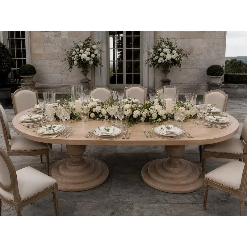 Double Sphere Pedestal Oval Dining Table - Solid Wood Banquet Table - High-End Wedding & Hotel Event Furniture
