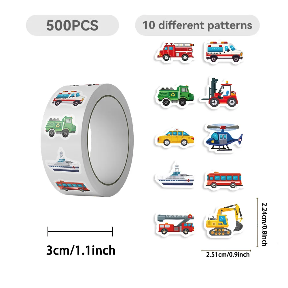 500Pcs Cartoon Vehicle Stickers Roll, 10 Patterns Transport Car Decals, Truck & Police Car Stickers, Kids Reward Stickers