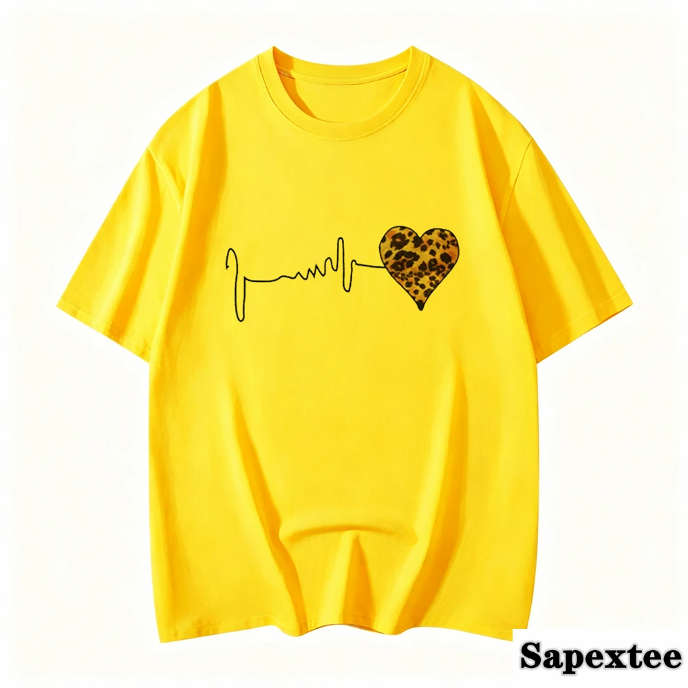 Summer New 90 's Leopard Heartbeat Short Sleeve Print Clothing Women's T-Shirt Harajuku Graphic Clothing Women's Top,Drop Ship