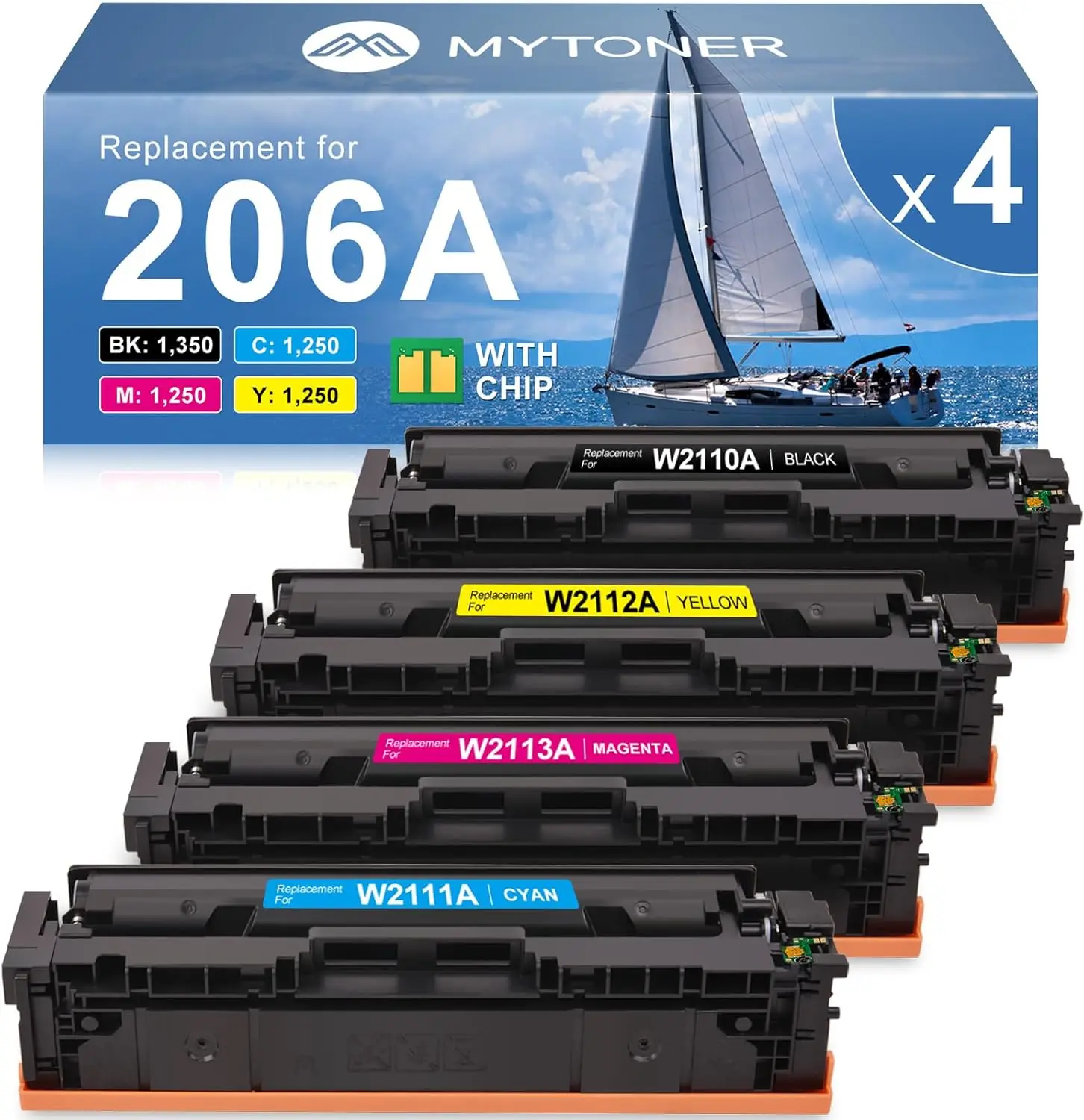 

4-Pack 206A Toner Cartridges with Chip for HP Color LaserJet Pro M255 M282 M283 Printers High Yield