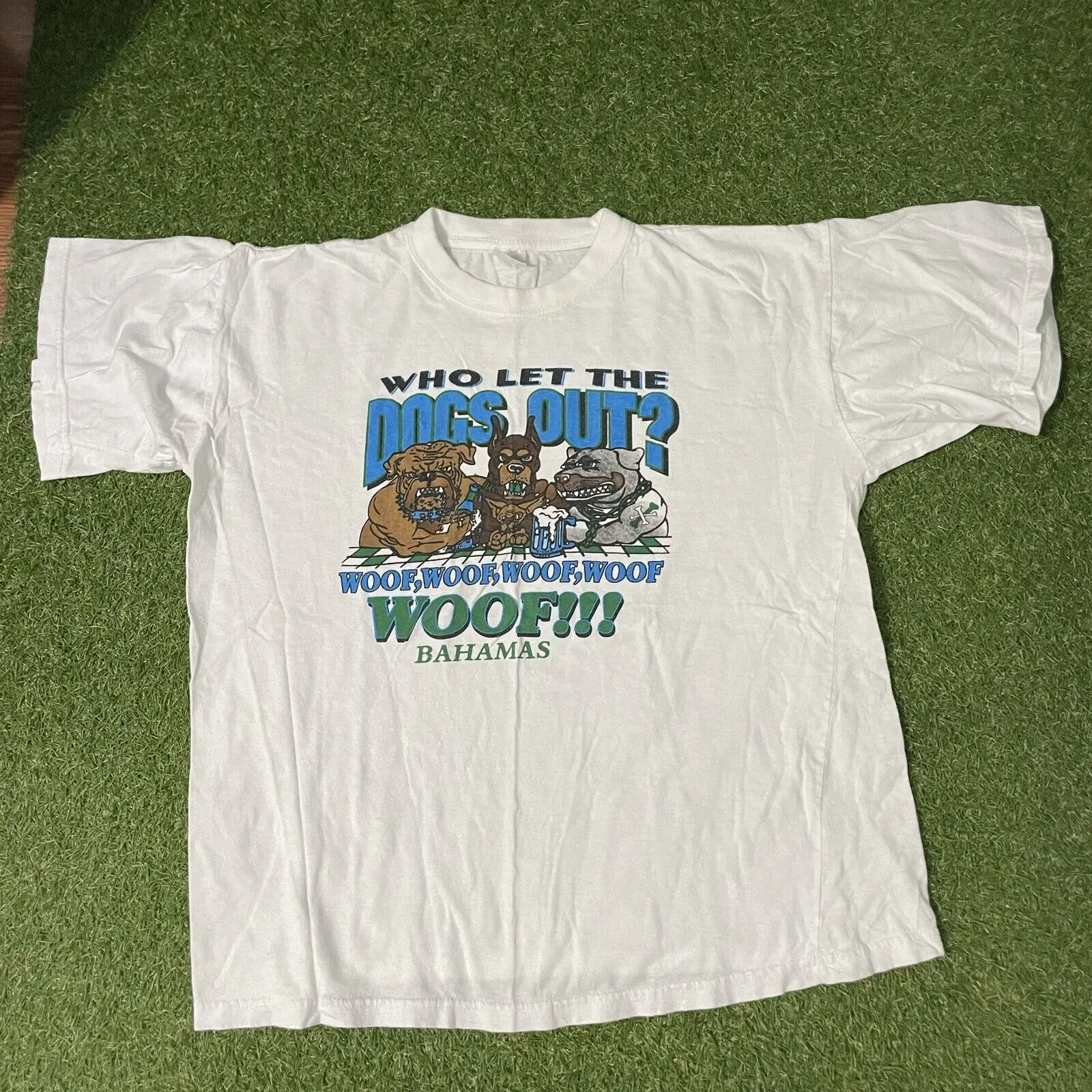 Vtg 90s Y2K Who Let The Dogs Out T Shirt Bahamas Rottweiler Beer Baja Large L