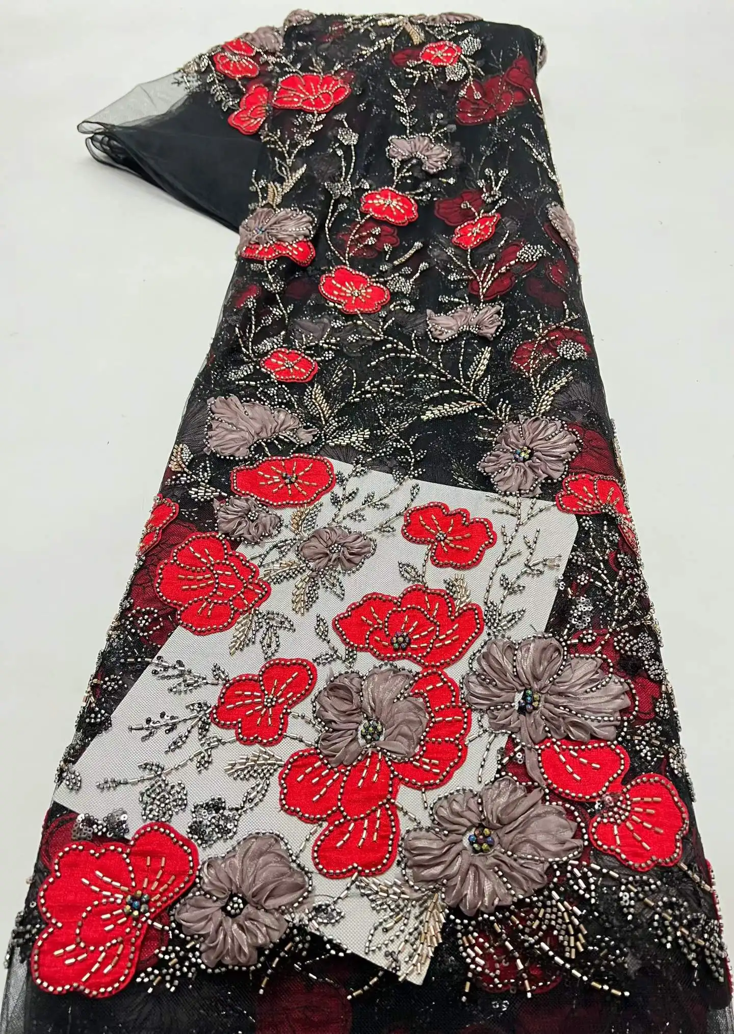 

2026 High Quality Luxury African Heavy Bead Black Lace Fabric 5 Yards Nigerian Pearl Embroidered Mesh Material With Sequins