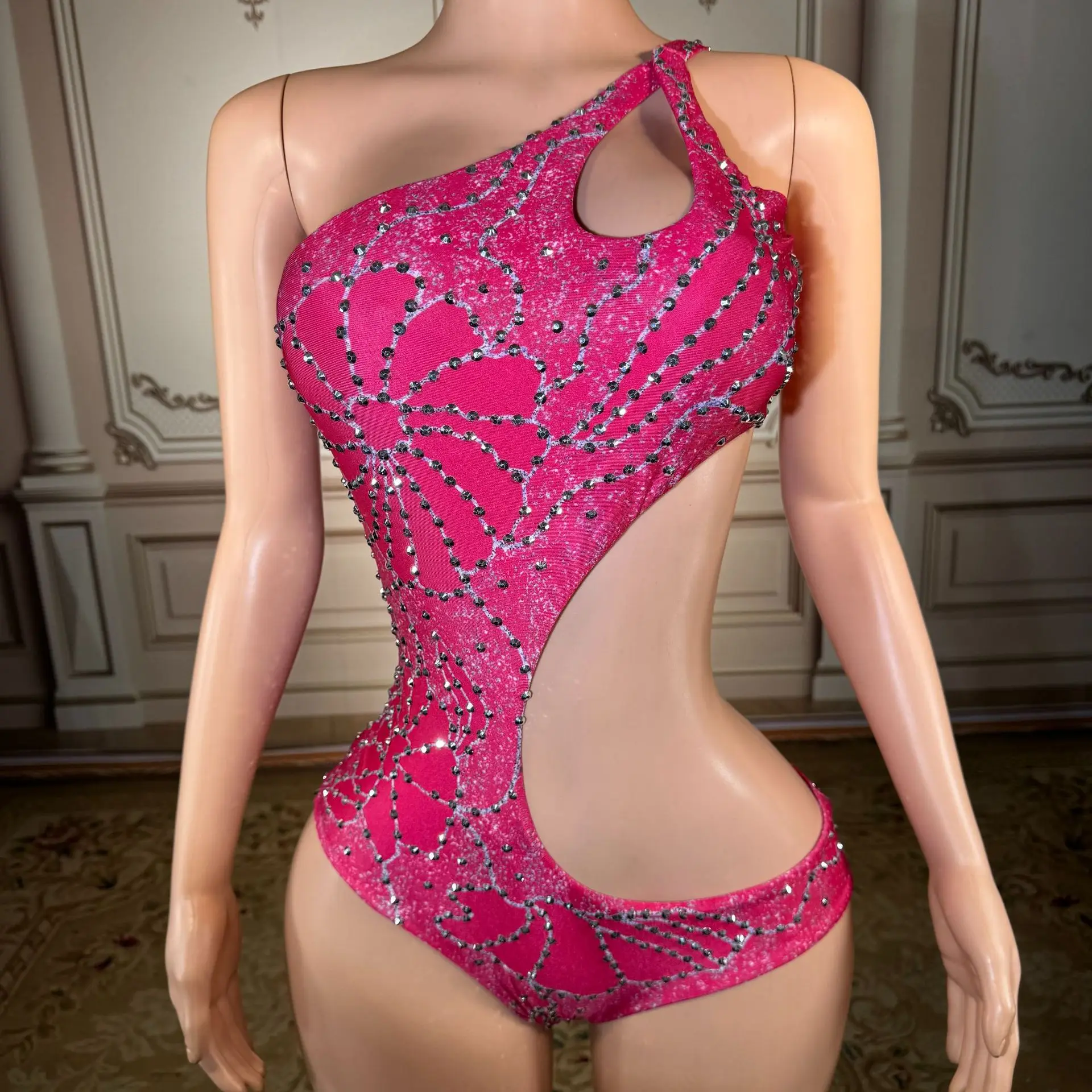 New pink rhinestone halter-neck open-triangle one-piece swimming suit for summer seaside and beach wear sexy bikini