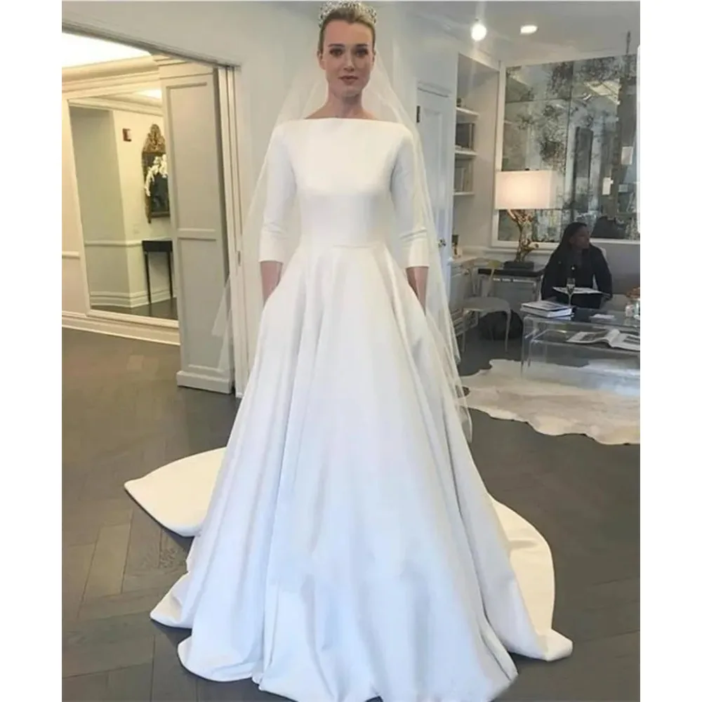 Simple Satin Wedding Dress For Women Bateau Neck 3/4 Sleeve A‑Line Bridal Gown With Pockets Button Back Sweep Train Vestido De N