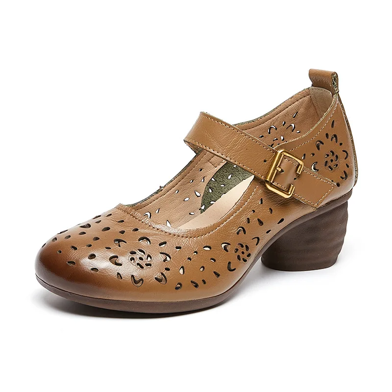 2023 Summer Fashion Hollow Out Genuine Leather Women's Pumps Ethnic style Shallow Women Shoes Med Heels Thick Heel Ladies Shoes
