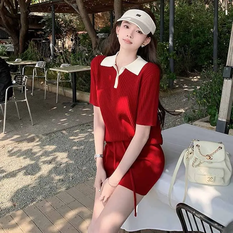 Preppy Tennisstijl Polo Gebreide Set Dames Zomer Cropped Top + Shorts Outfit Sportief Chic Tweedelige Y2K Vrijetijdskleding Hoge kwaliteit
