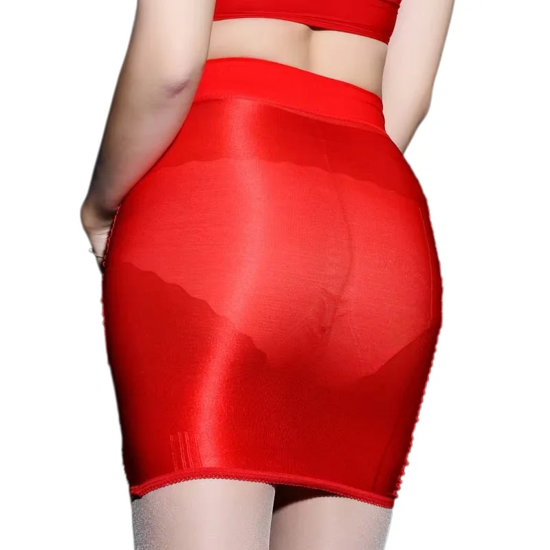 FREEAUCE Korean Oil Shiny Reflection See Through Skirt Plus Size Elastic Sexy Sheer Christmas red Short Mini Skirts for Women