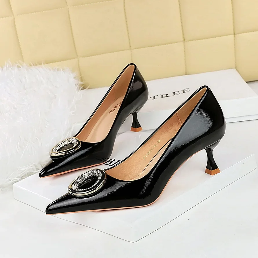 BIGTREE Shoes Rhinestone Studded Evening Pumps for Women\'s Party Outfits Metal Buckle Pointed Toe Women\'s Patent Leather Pumps