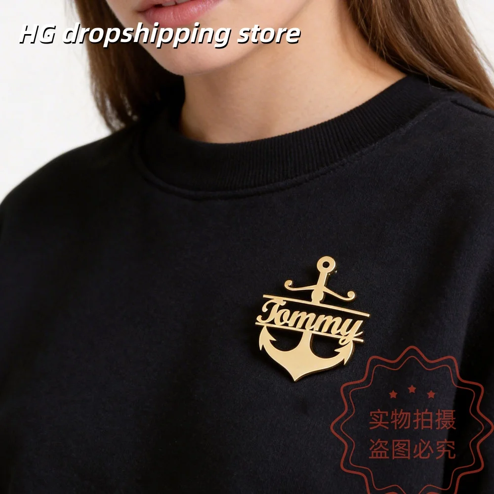Custom Anchor Nameplate Brooch Personalized Name Text Badge Pins For Men Women Stainless Steel Jewelry For Birthday Anniversary
