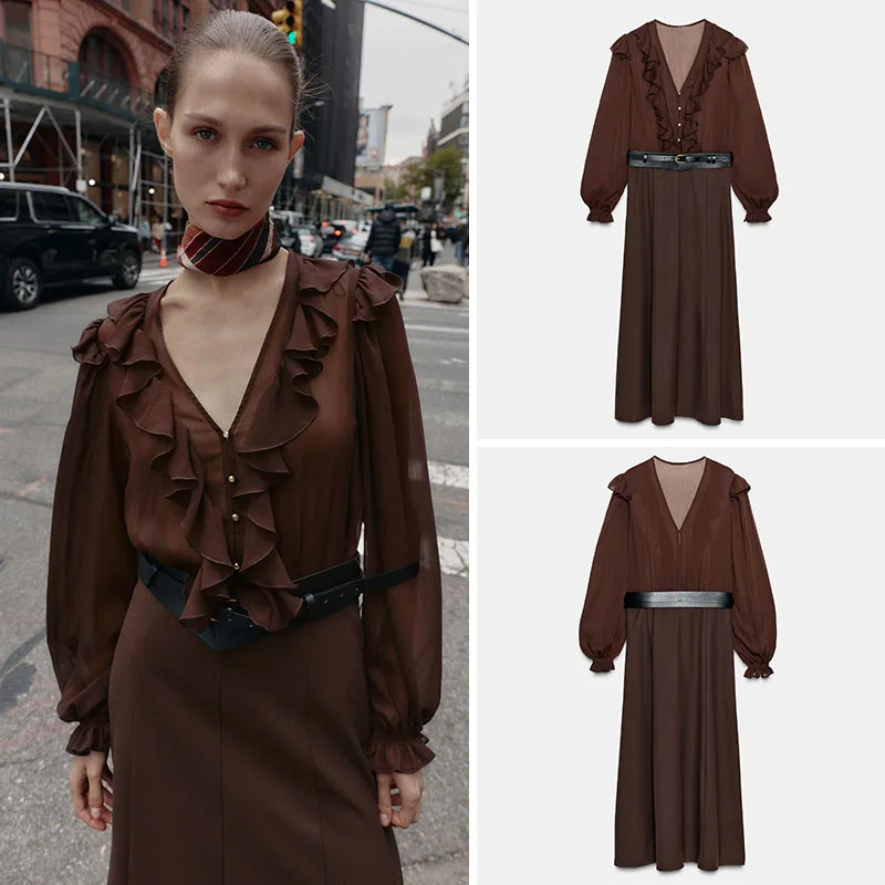 Elegante Vestido Midi de Manga Larga con Cuello en V, Nuevo Vestido de Otoño para Mujer, Vestido con Cinturón, Traje de Escenario, Ropa Étnica para Mujeres Jóvenes