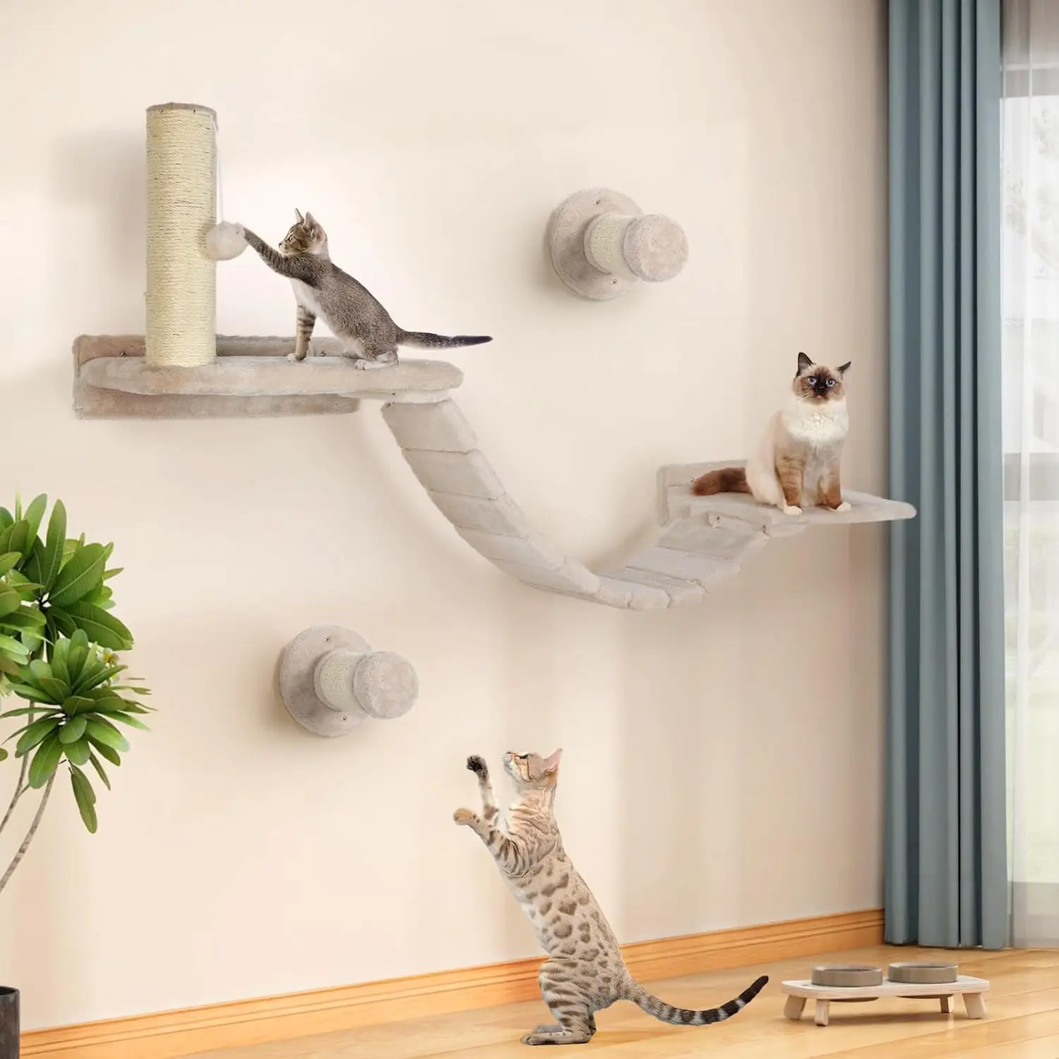 

7-Piece Cat Wall Shelves Set with Scratcher, Bridge Ladder, and Hanging Ball for All-Size Cats