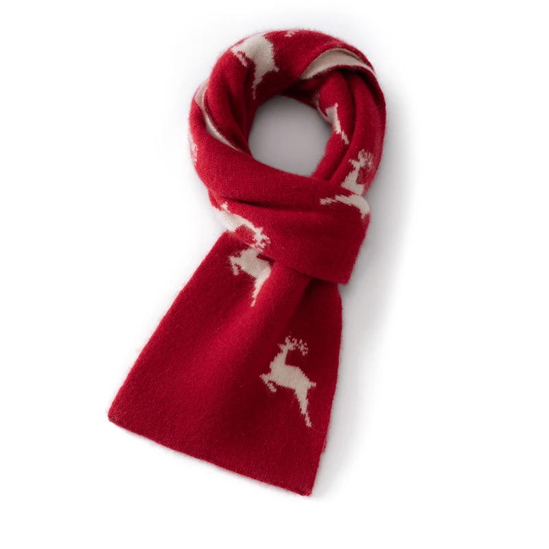 Christmas Red New Year Children's Scarf Winter 100% Cashmere Knitted Warm Student Neck Warmer Cute Deer Thickened Scarf