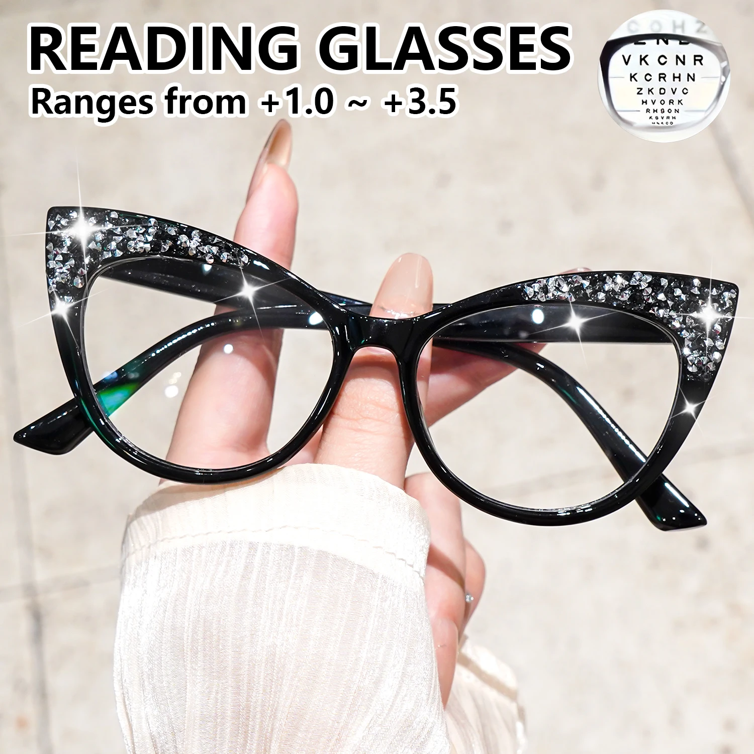 Schicke Retro-Cat-Eye-Lesebrille für Damen und Herren, Vollformat, modische Brille, dekorativ, Alltagskleidung, +1,0 bis +3,5 – Detail 13
