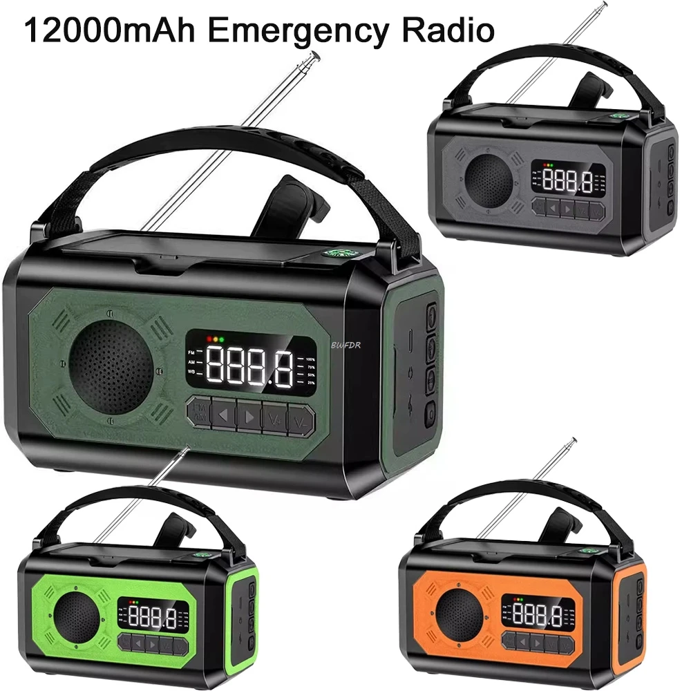 Solar Hand Crank Emergency Radio, 12000mAh Power Bank, AM/FM/NOAA Radio with Flashlight, Reading Lamp, SOS Alarm & Speaker