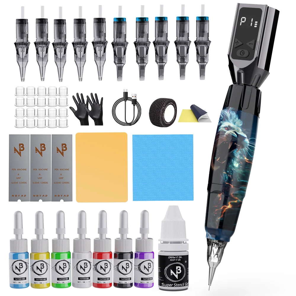 

Tattoo gun kit, complete tattoo gun set, including 10 tattoo cartridge needles and 7 colors of tattoo ink, suitable for tattoo beginners and tattoo artists