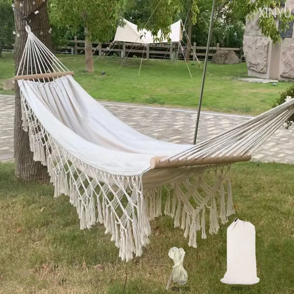 ロマンチックな大型ダブルデラックスハンモック、ボヘミアンスタイル、織りタッセル付き、2人用ハンモック吊り下げベッド、レジャーキャンバススイングチェア、リラックス