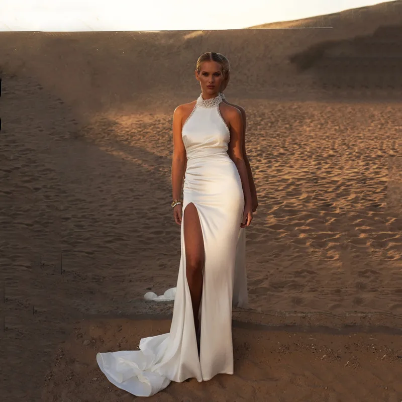 

Boho Mermaid Satin Wedding Dress Simple Halter Sleeveless Sexy Open Back High Side Slit Pleated Beaded Pearls Bridals Customized