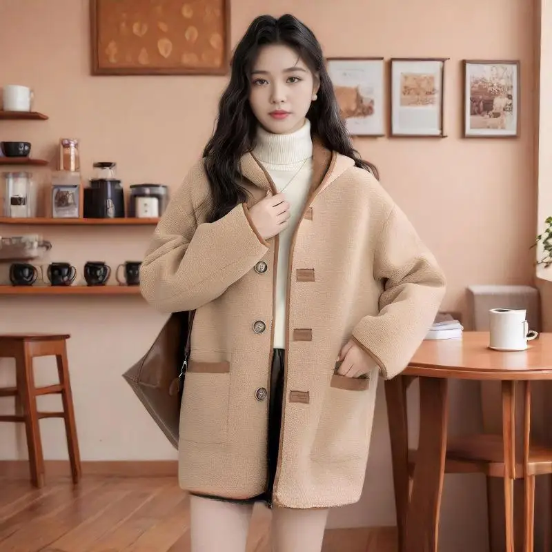 

Осень-зима 2023, новое кашемировое пальто с капюшоном, женская куртка с меховым интегрированным мехом, двусторонние утолщенные качественные женские модные шерстяные пальто