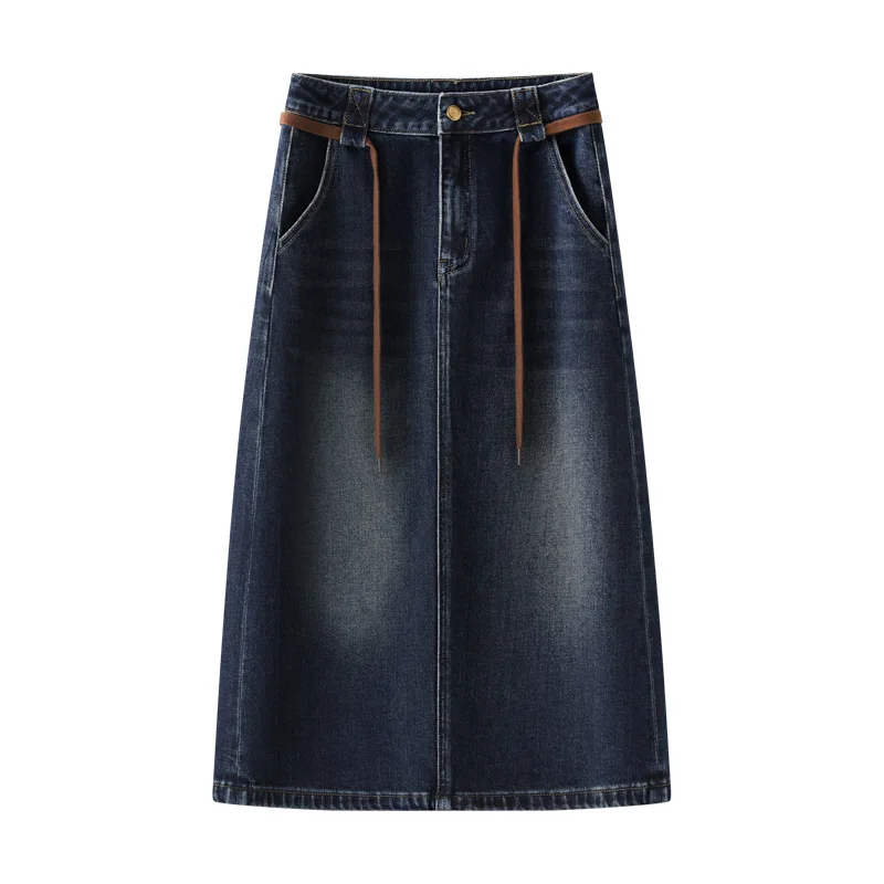 تنورة الدنيم الزرقاء للنساء، تنورة خريفية عالية الخصر على شكل حرف A، تنورة ضيقة، تنورة مستقيمة عصرية فضفاضة