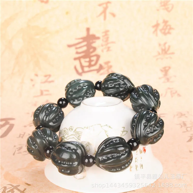 Hetian , ’S Style, Walnut‑Patterned , Green Jade Men’S Bead Bracelet
