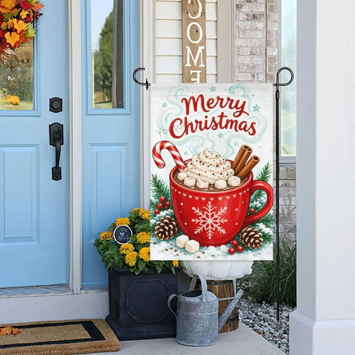 Cocoa Holiday Garden Flag Red Mug with Marshmallows and Candy Cane Mug Merry Christmas Text 12x18 Inch Double Sided Polyeste aaz
