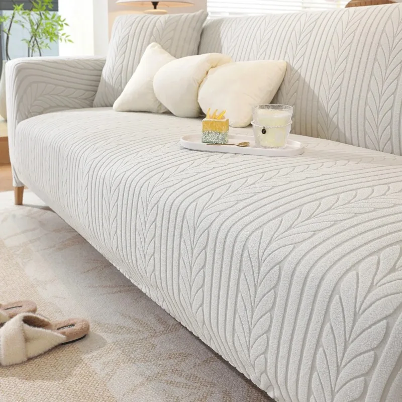 Elastic Jacquard Sofa Cover All-inclusive Cozy Polar Fleece Slipcover for Living Room Solid Full Wrap L Shape Corner Couch Cover