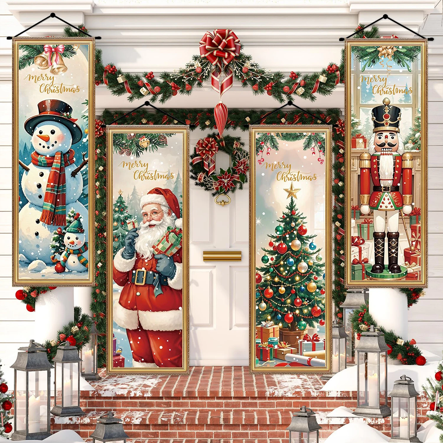

4 Packs Vintage Christmas Porch Signs Xmas Hanging Decorations Tree Santa Snowman Nutcracker Backdrop Hanging Banners Decor