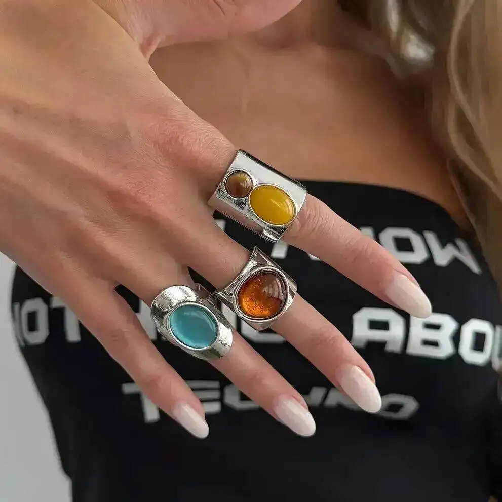 SHIXIN 3Pcs/set Exaggerated Vintage Inlay Resin Finger Rings Women Creative Square Geometric Stack Ring Party Jewelry Gifts New