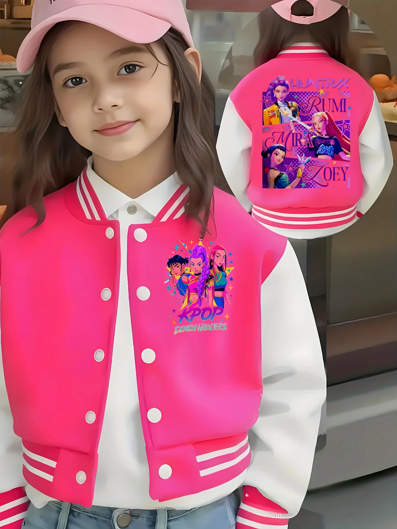 

Girls 1-Pc Holiday Varsity Jacket - Character Print, Cropped Stretch Fabric, Casual Outerwear for Fall Parties, Tween Collection