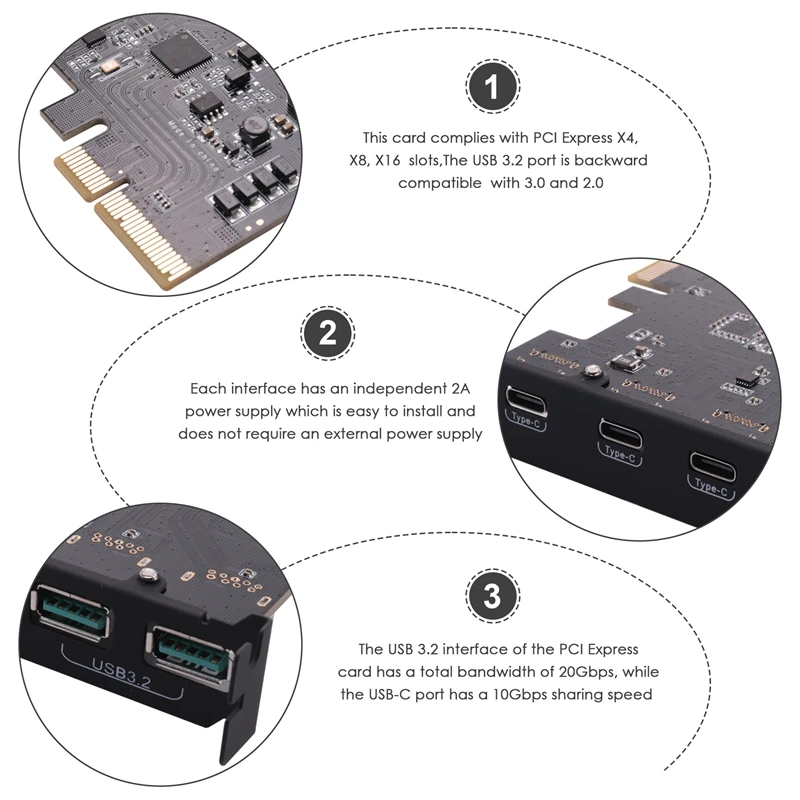 Pcie To USB 3.2 Gen 2 Adapter Card PCI Express Expansion Card PCI-E Add-On Cards Riser For PC Windows 10/8/7 And MAC