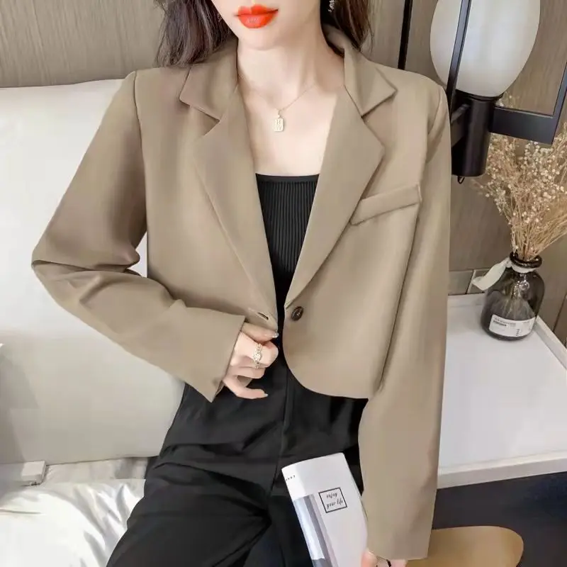 Koreaanse Mode Cropped Blazers Jasje Dames Lange Mouwen Kantoor Dames Streetwear Effen Kleur Single Knoop Korte Pak Jas Nieuw