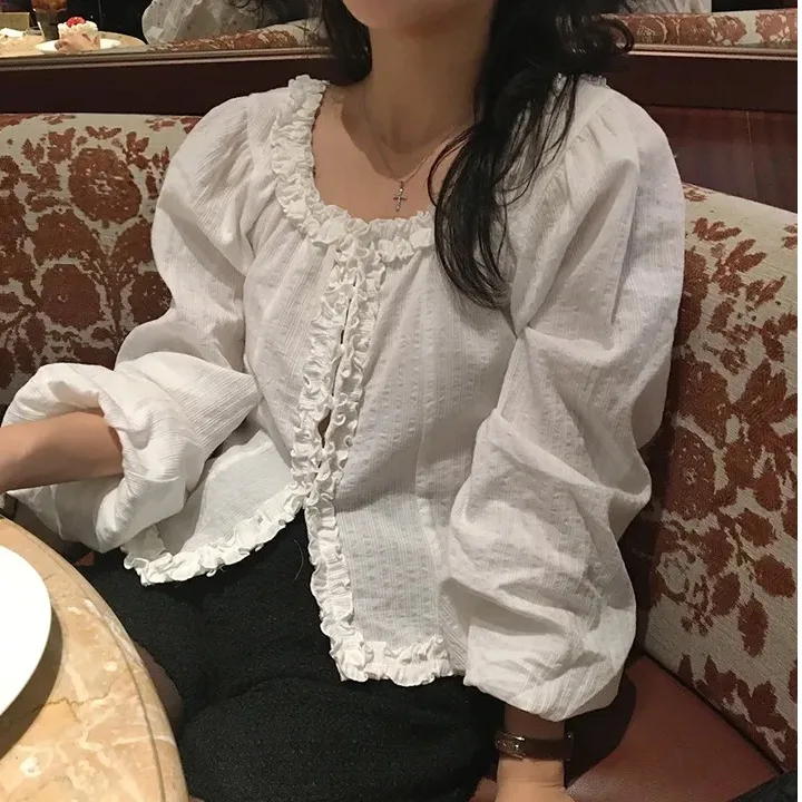 여성용 스위트 버블 슬리브 오프숄더 나무 장식 투웨이 착용 루즈핏 롱 슬리브 비즈니스 캐주얼...