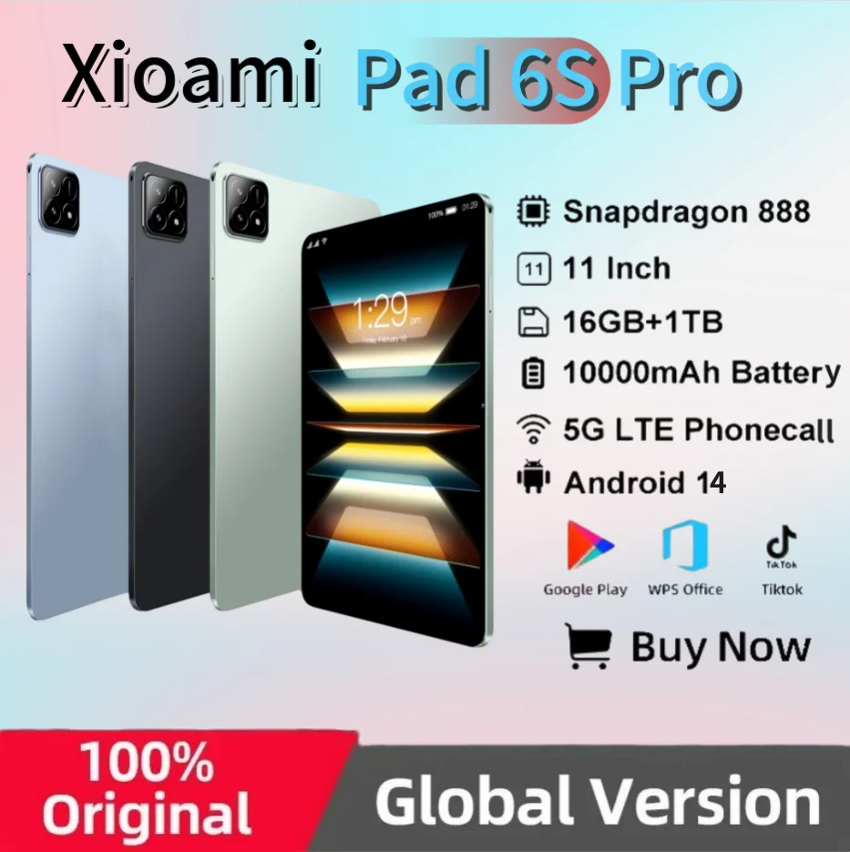 

Gaming Edition Pad 6S Pro Tablet XioaMi Android 14 11-inch HD 16GB+1TB 10000 mAh Snapdragon 888 5G Bluetooth 5.0 Popular Tablets