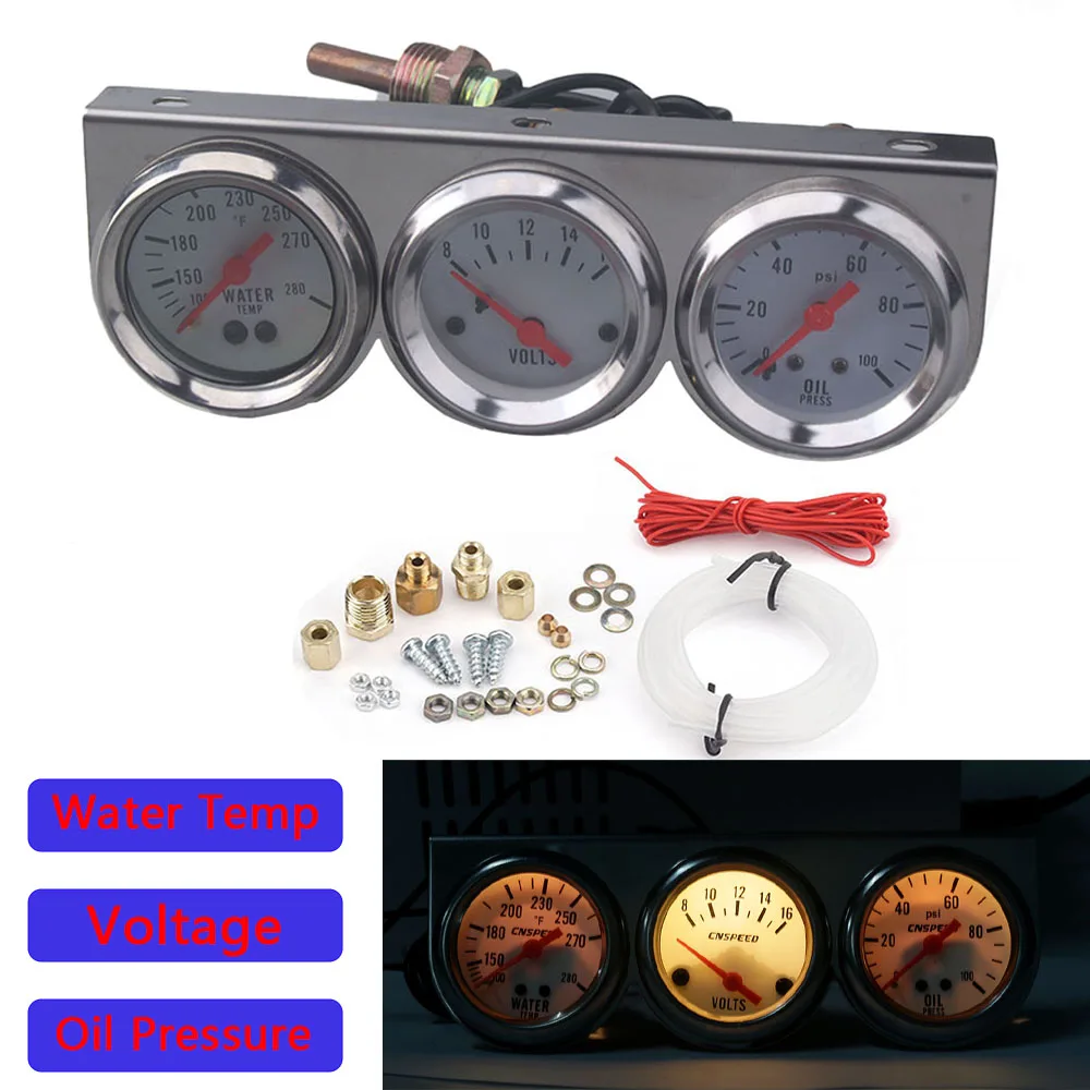 Triple Gauge 52mm Voltage /Oil Press/ Water Temp (Fahrenheit) Chrome Bezel 3-In-1 Kit Meter Mechanical Instrument For Cars Gauge