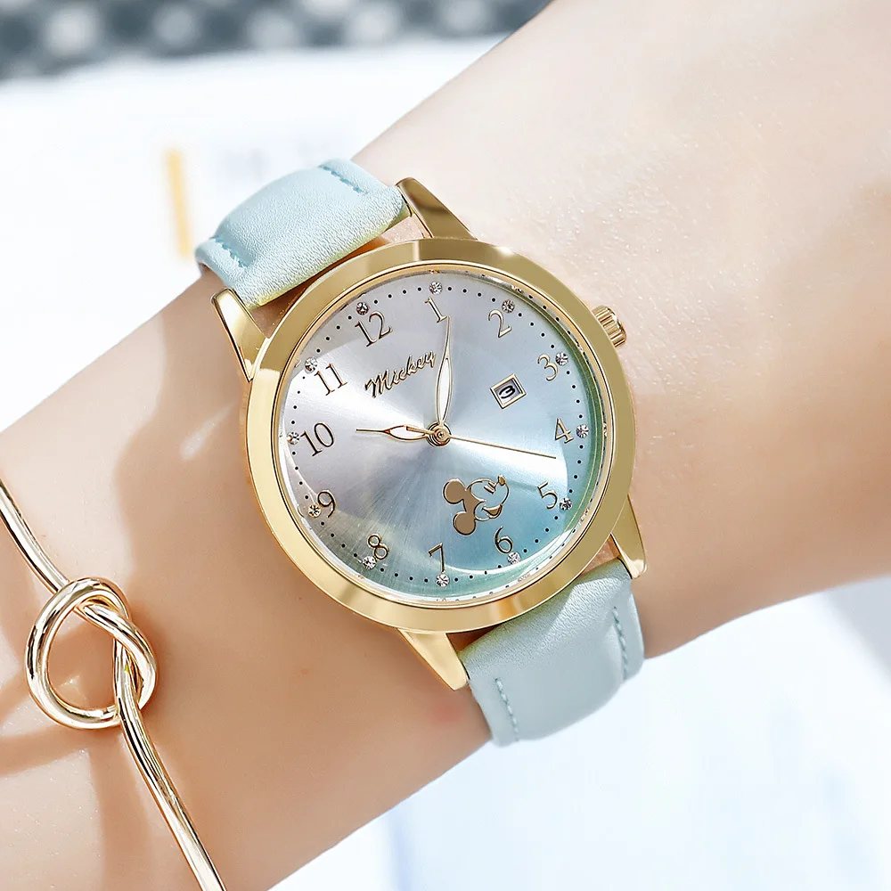 Disney Gift With Box Women Gradient Color Fashion Watch Girl Leather Student Clock Calendar часы женские Relogio Feminino