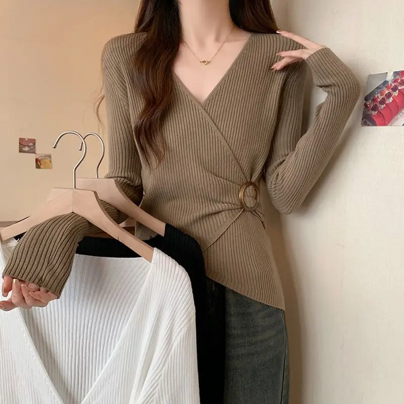 Plus Size 3xl Fall Winter Long Sleeve Sexy Knit Tops Women Korean Fashion V-neck Long Sleeve Simple Clothes Elegant Chic Sweater