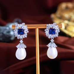CWWZircons Sparkling Dark Blue Cubic Zirconia Dangling Drop Pearl Long Wedding Banquet Engagement Party Earrings for Women CZ982